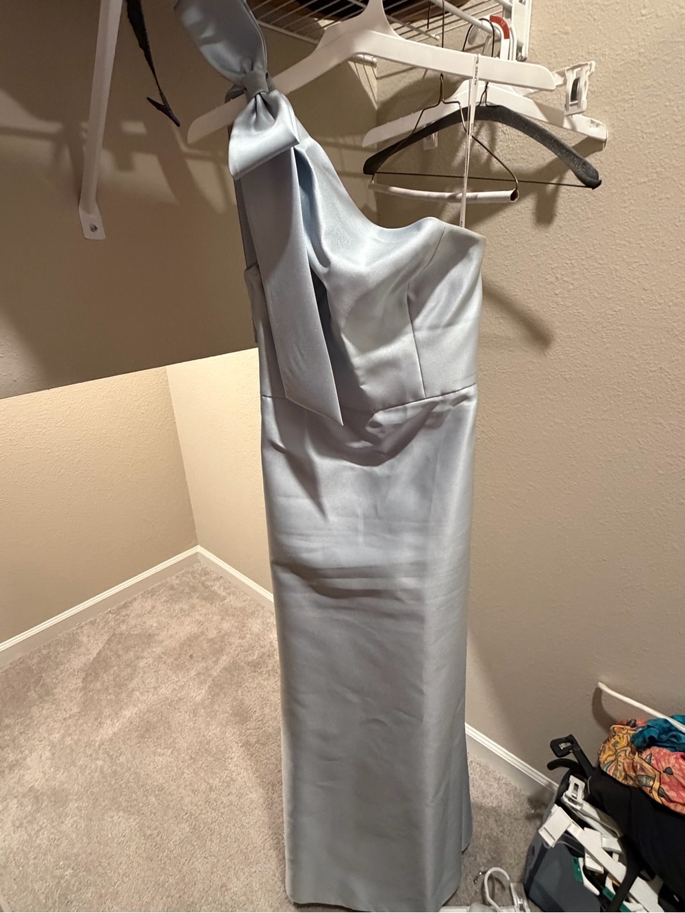 ALFRED SUNG One-Shoulder Satin Gown in Mist Blue - Picture 2 of 4